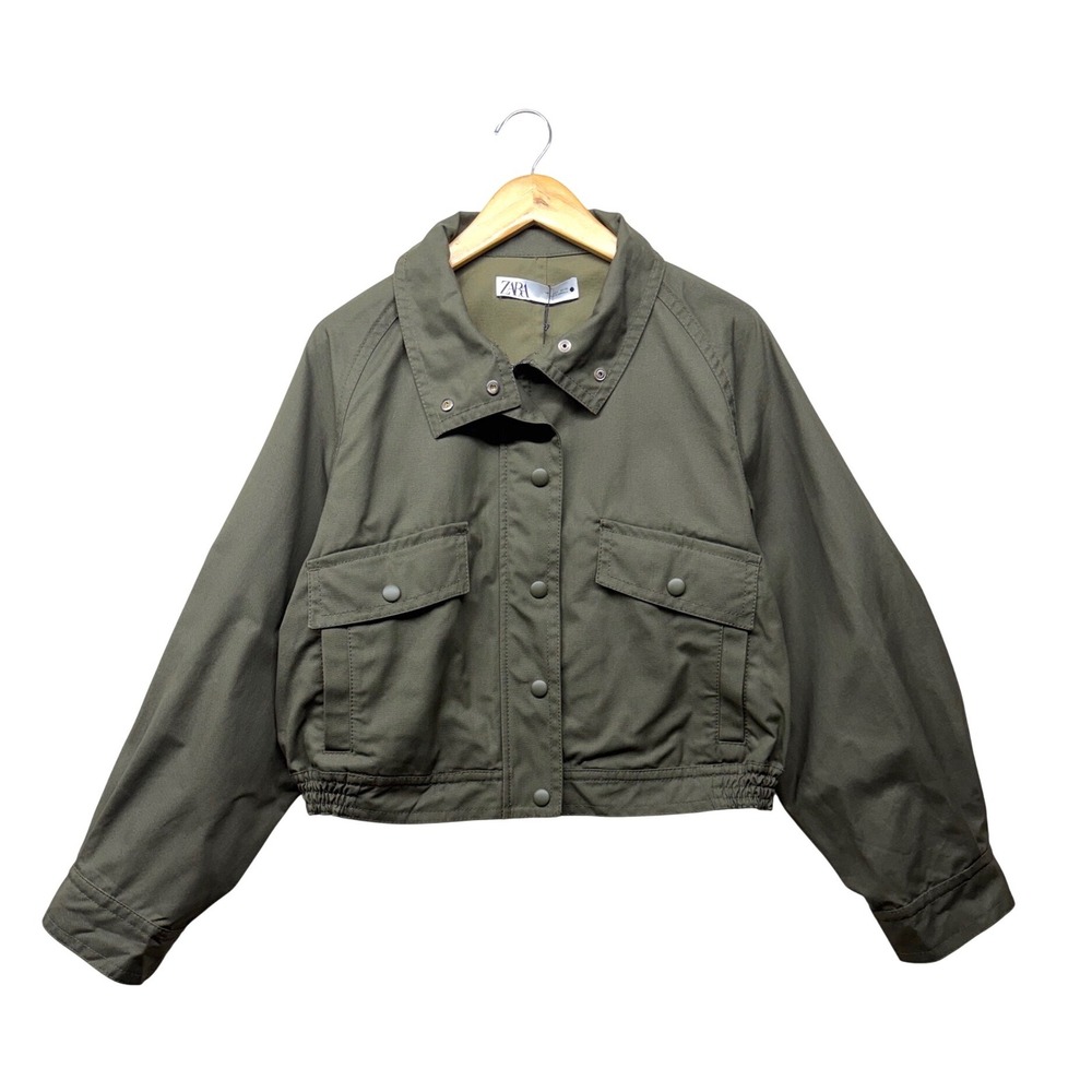 Zara‎ Womens Olive Green Cropped Waxed Bomber Jacket Utility 2204/556 Large NWT
